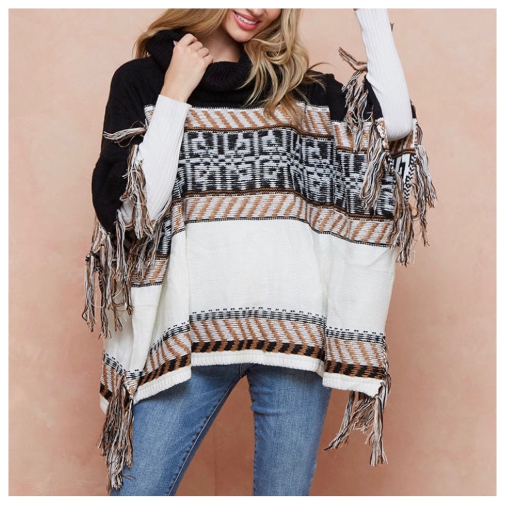 Cowl Neck Sweater Black/Camel/Ivory Isle Poncho with Fringes - Picture 1 of 5